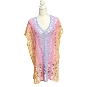 Pastel Rainbow Crochet Knit Kaftan Cover Up XXL V-Neck Oversized Beach Tunic